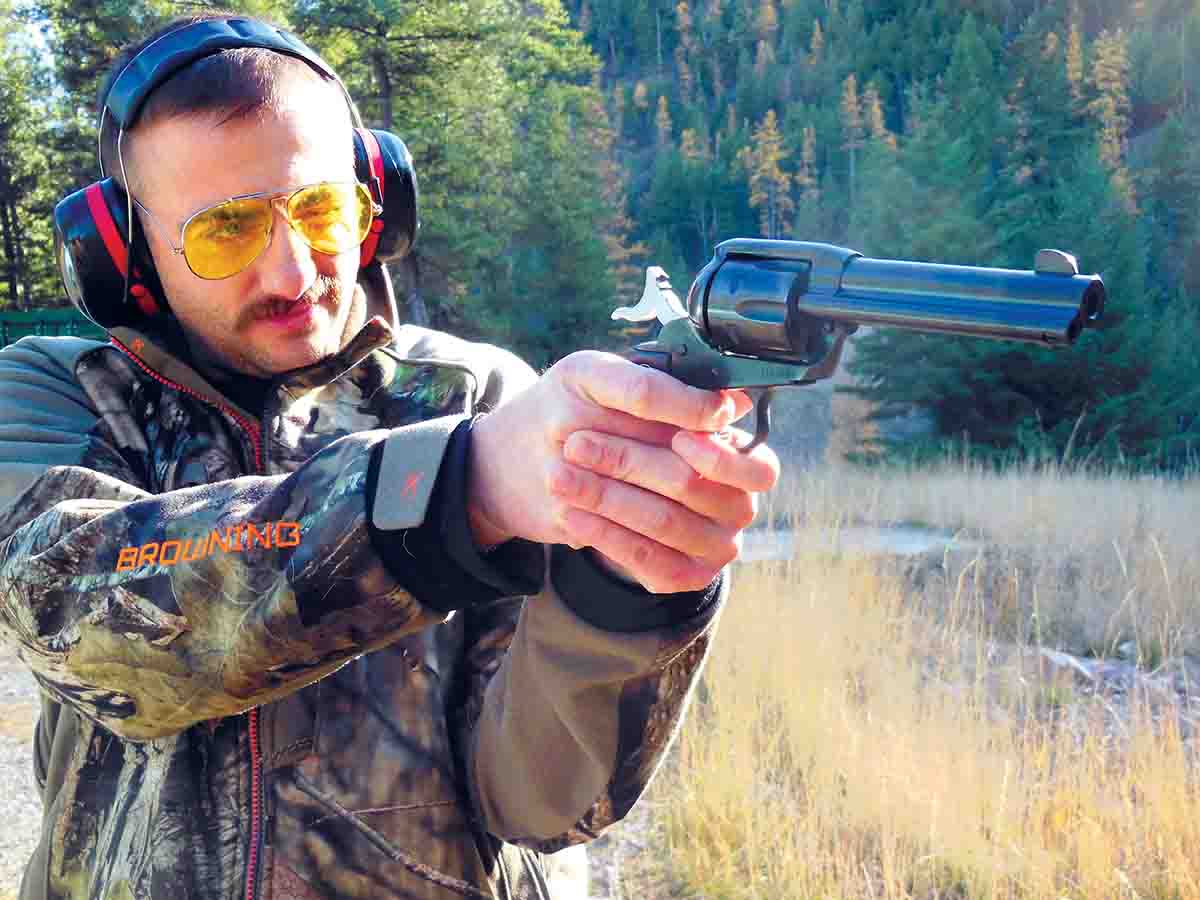 Shooting a cylinder full of .38 Special cartridges in the Ruger single-action Vaquero revolver with a 45⁄8-inch barrel required raising up the front sight blade to hit targets at 25 yards.